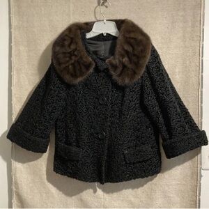 Vintage Persian Curly Lamb Fur Coat Jacket Brown Mink Collar Bell Sleeves L New
